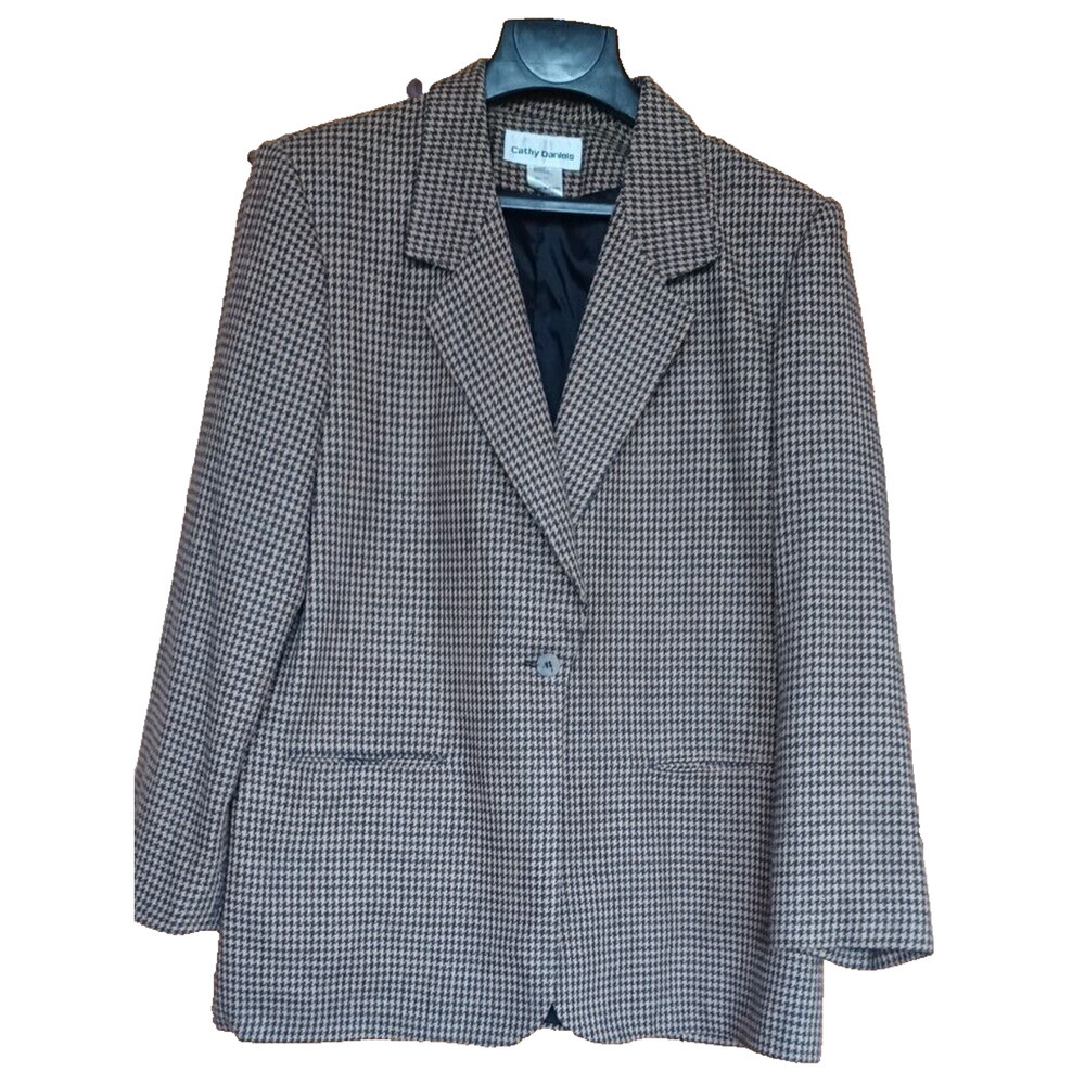 VTG CATHY DANIELS Wool Blend Blazer Women's 16 Green Beige Houndstooth Pattern